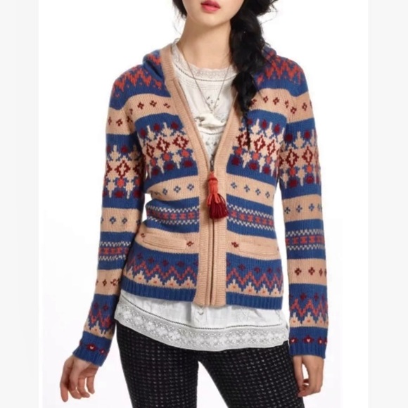 Anthropologie Sparrow Fair Isle Aztec Hooded Zip Wool Cardigan Cloud 9 Kayla - Picture 1 of 14